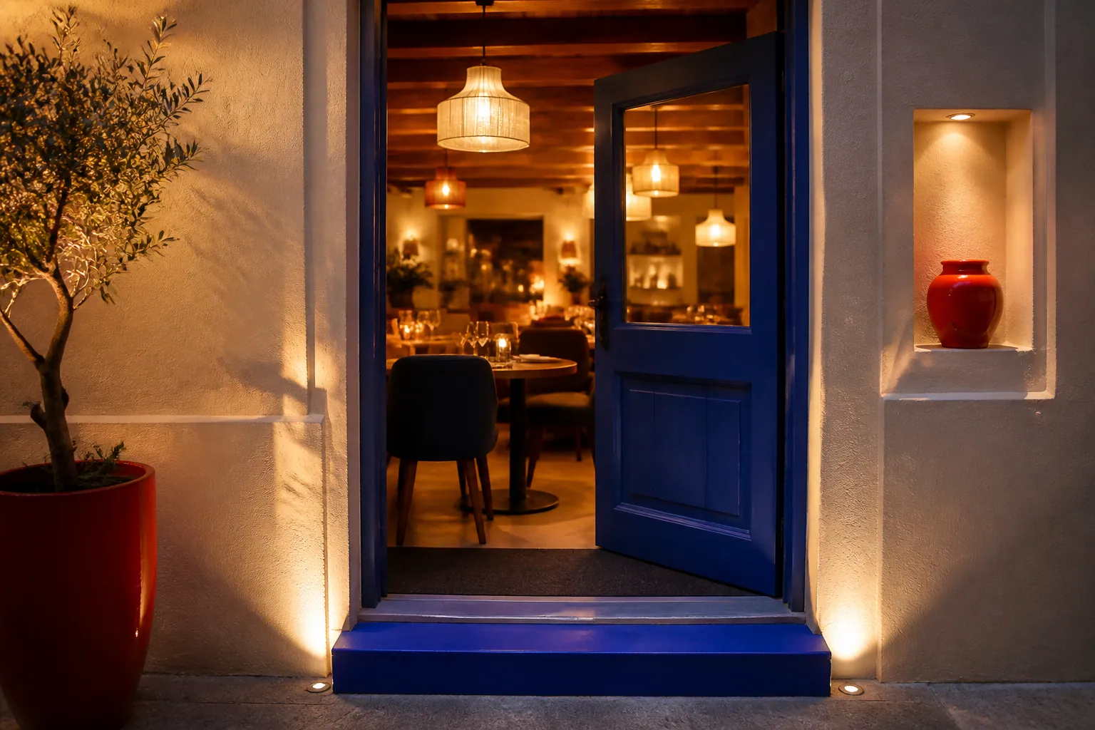 Porte entrouverte du restaurant donnant sur une salle éclairée