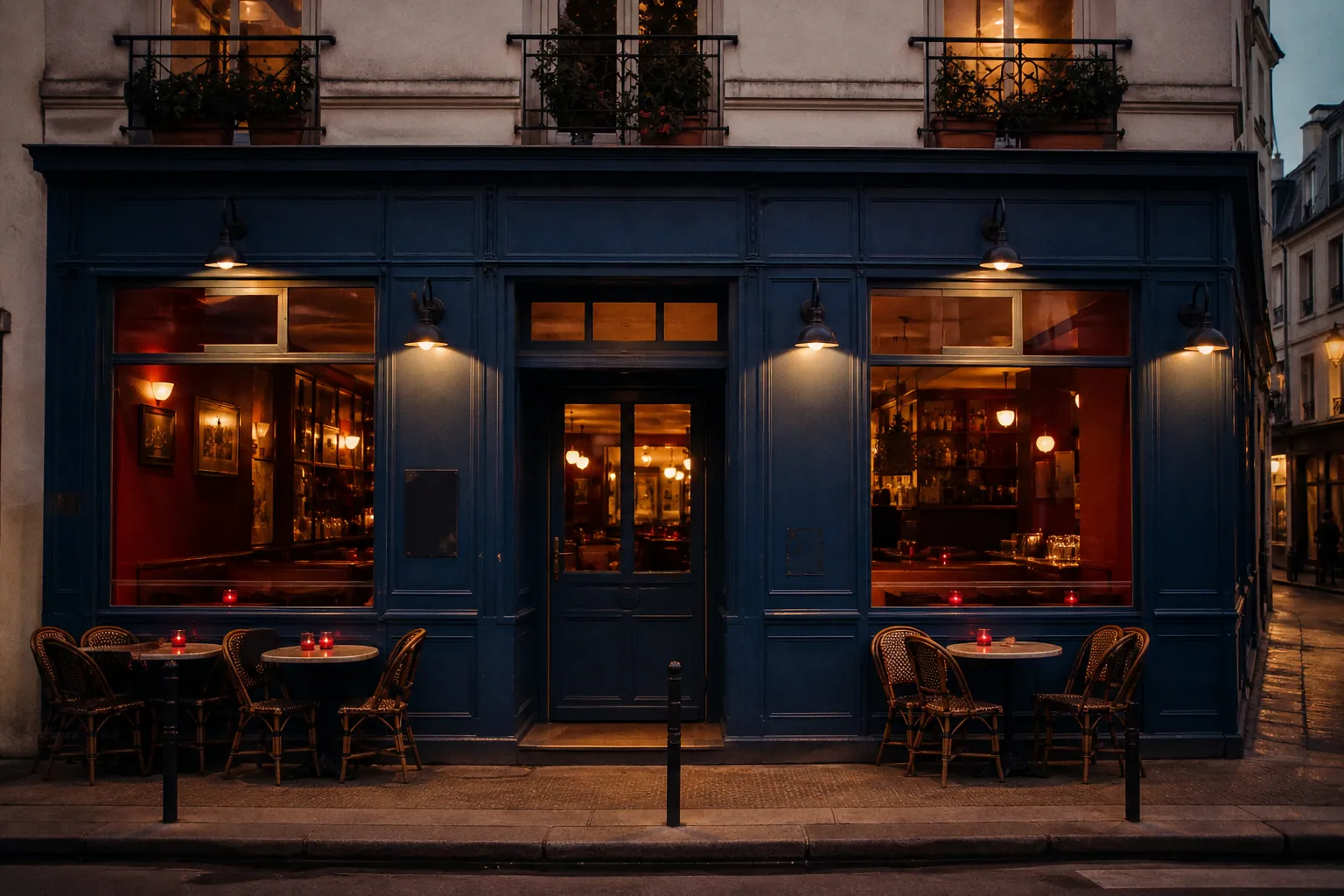 Façade d’un restaurant de quartier éclairée à la tombée du jour