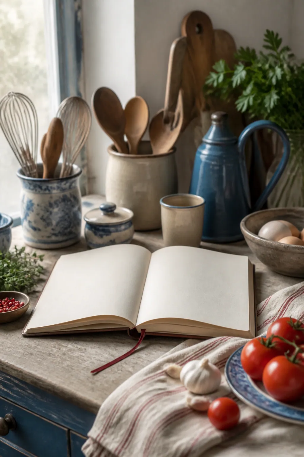 Carnet de cuisine ouvert près d’ustensiles et d’ingrédients
