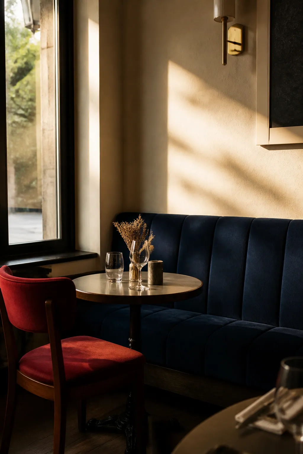 Banquette colorée et petite table près de la fenêtre
