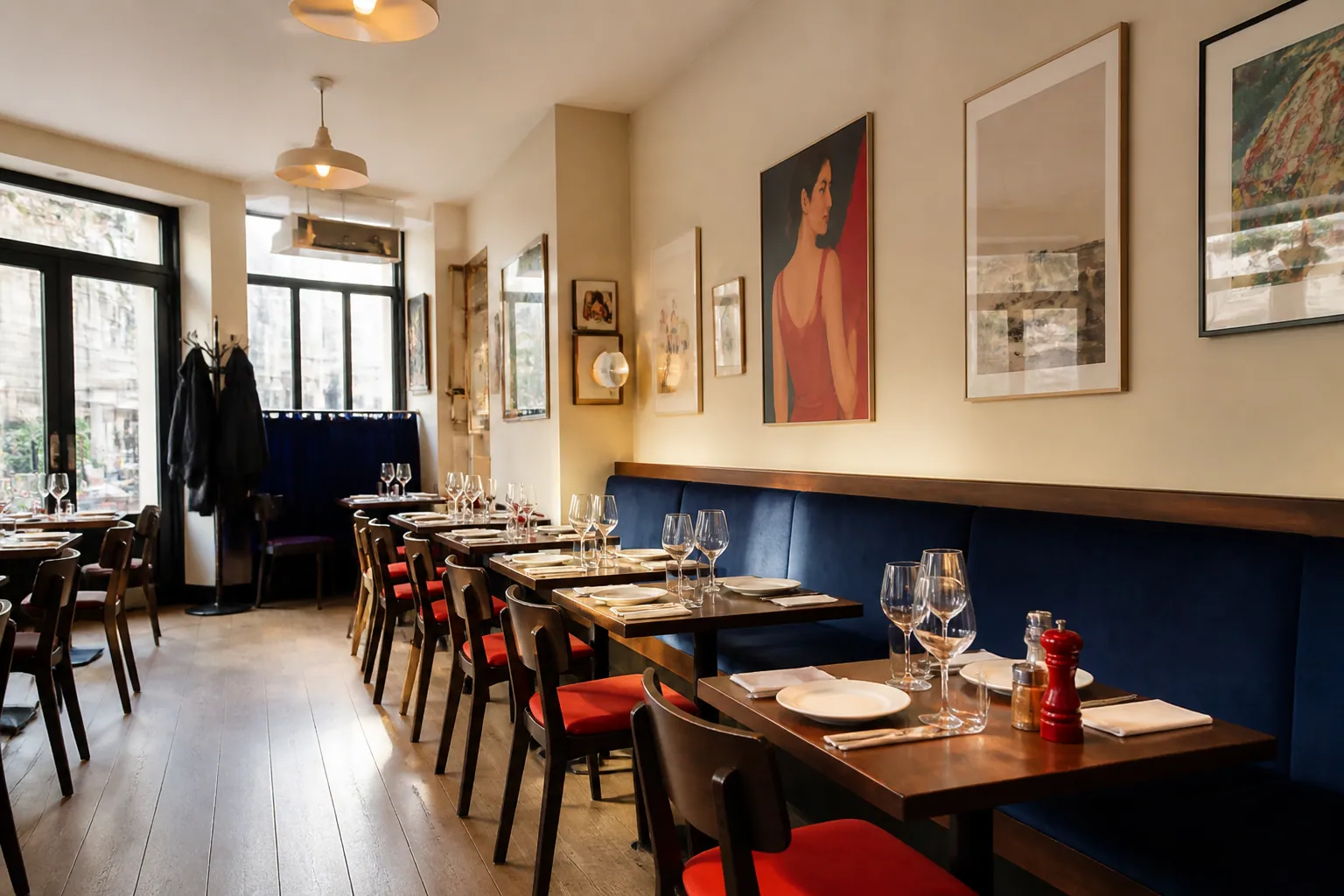 Vue d’ensemble chaleureuse de la salle du restaurant