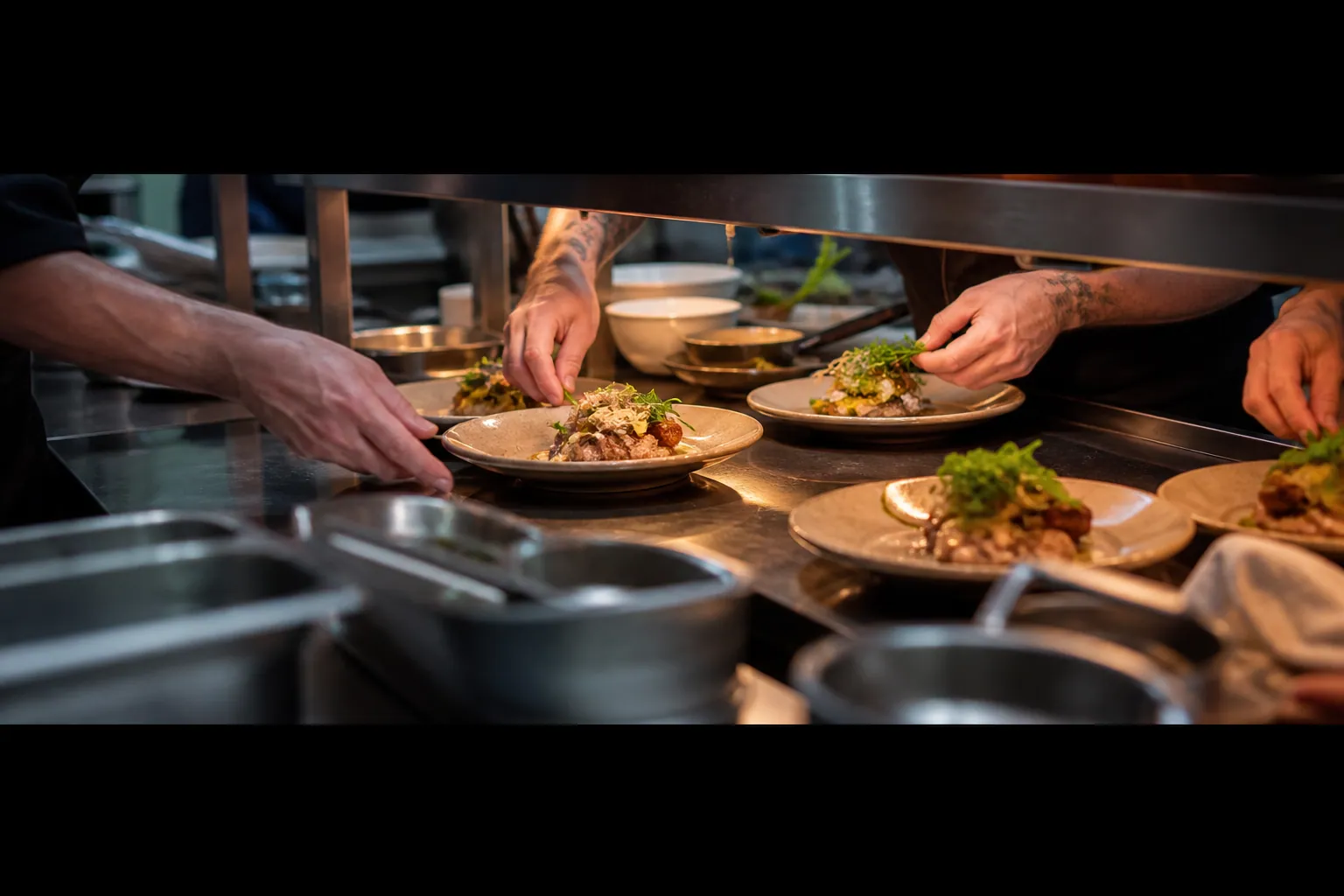 Passe de cuisine avec plusieurs assiettes prêtes à partir