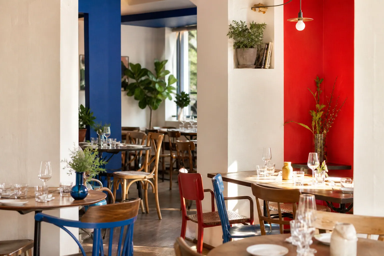 Salle de restaurant baignée par la lumière du midi