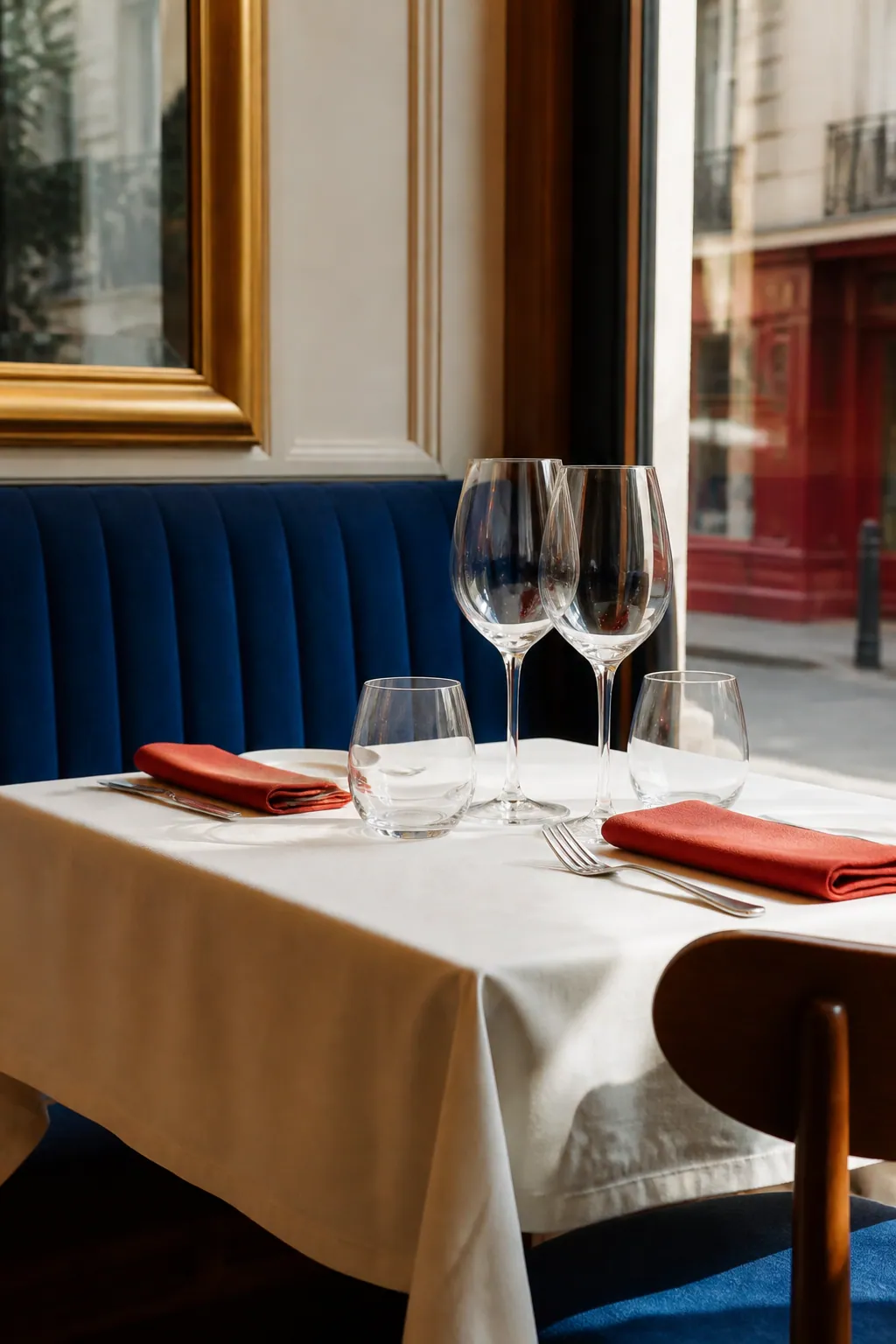 Table dressée simplement près d’une banquette bleue